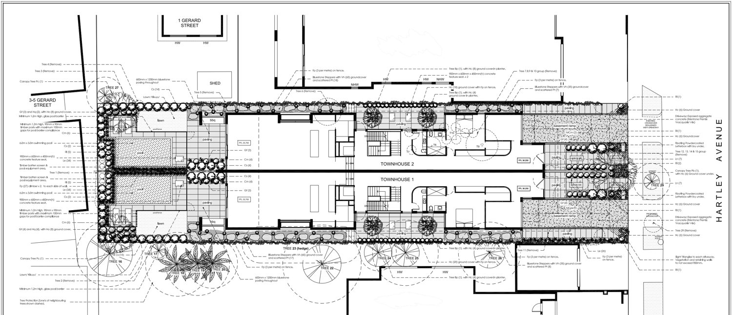 Landscape plan for two Caulfield townhouses with pool courtyards and boundary screen planting