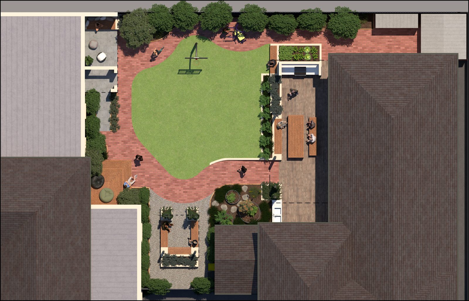 Photorealistic aerial render of the Windana courtyard concept