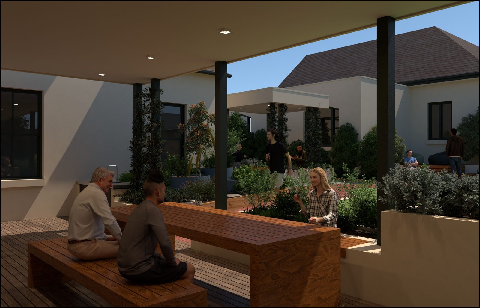 Render of a covered alfresco area with a long timber dining table