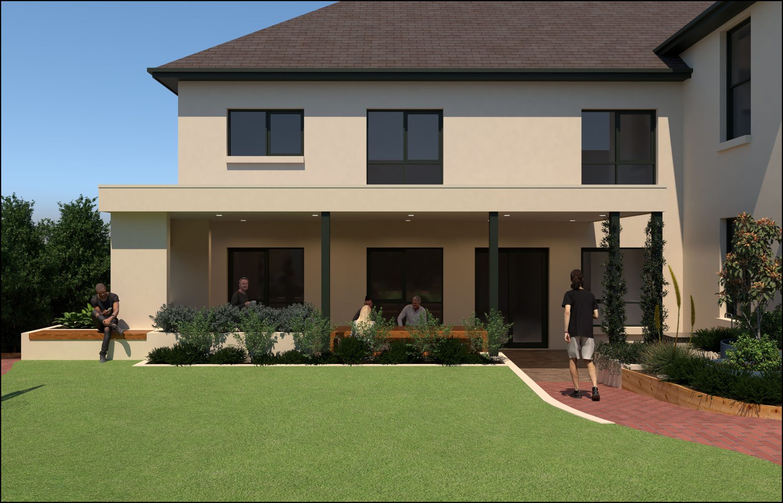 Render of the main lawn sweeping past a deep verandah