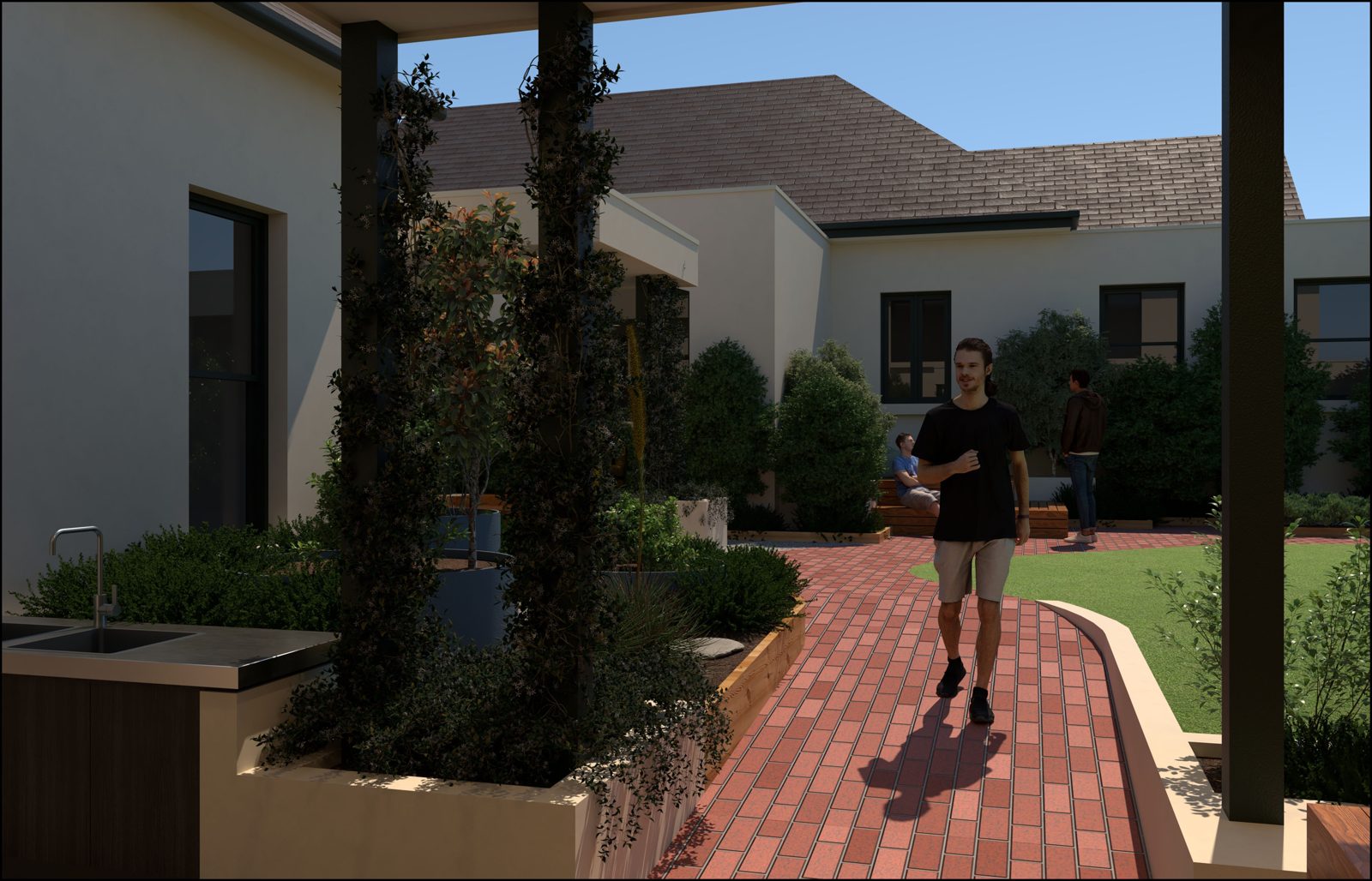 Render of a pergola walk with columns wrapped in climbers