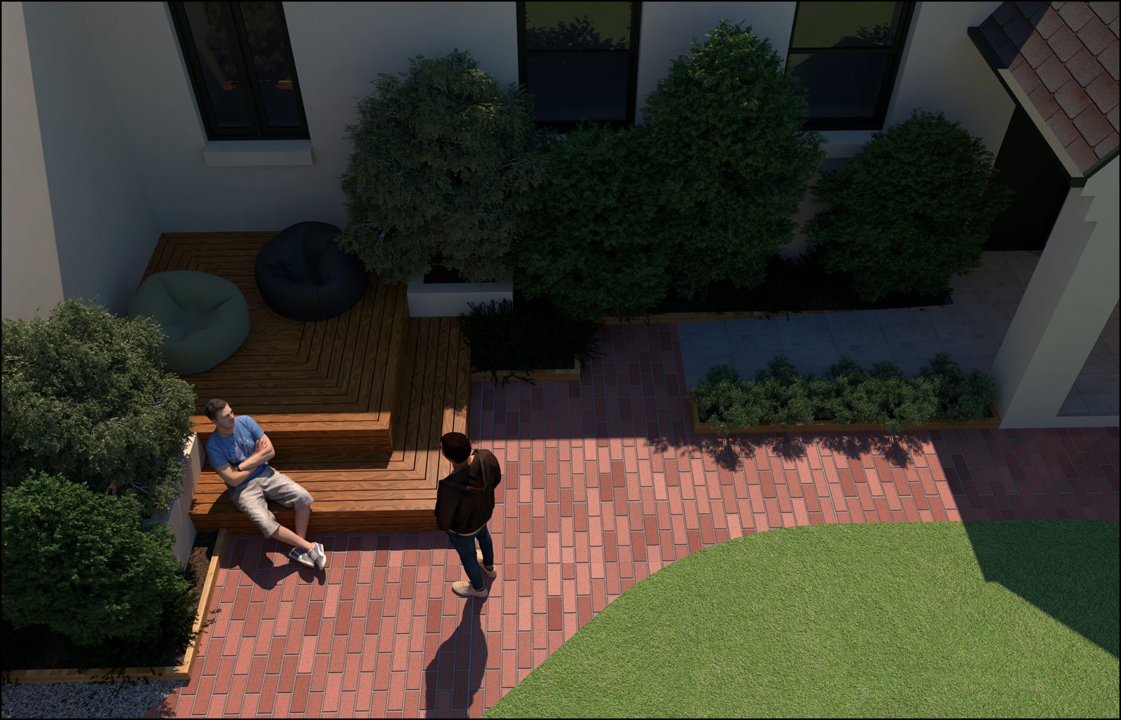 Render of a sunken timber deck beside a curved brick path