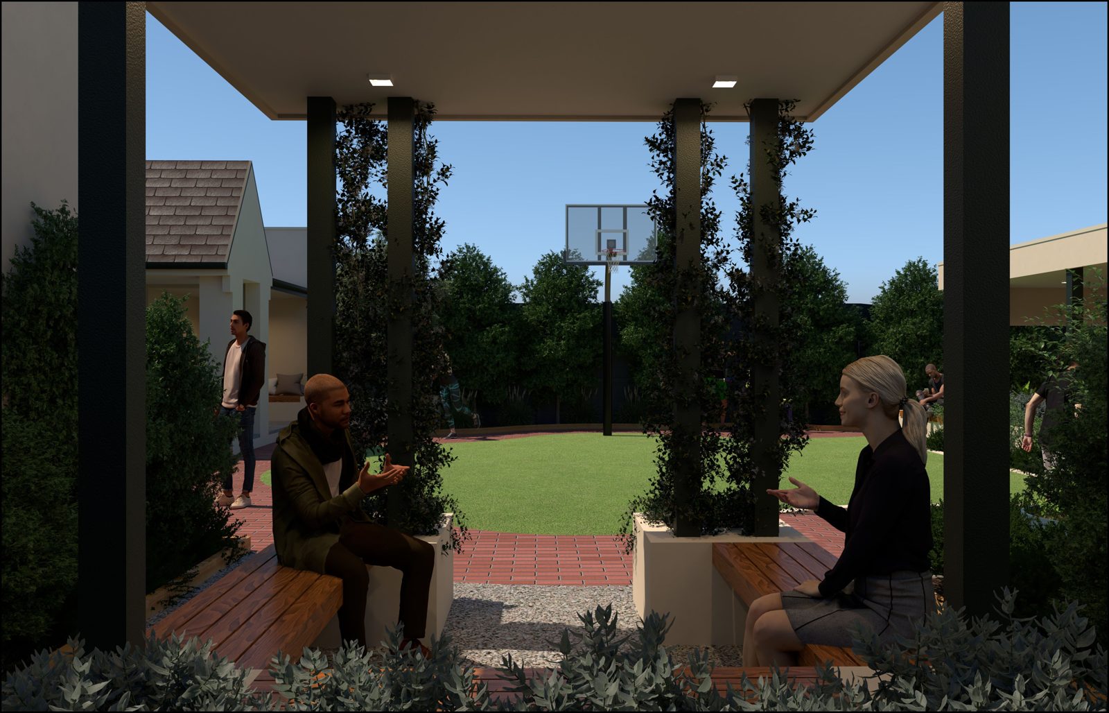 Render of two people talking beneath the garden pergola